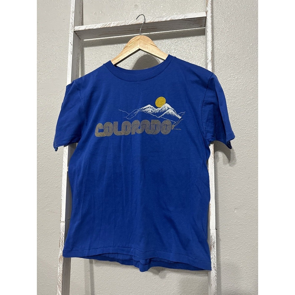 VTG Sz L 80s COLORADO Retro Single Stitch T SHIRT Blue Yellow Mountains‎